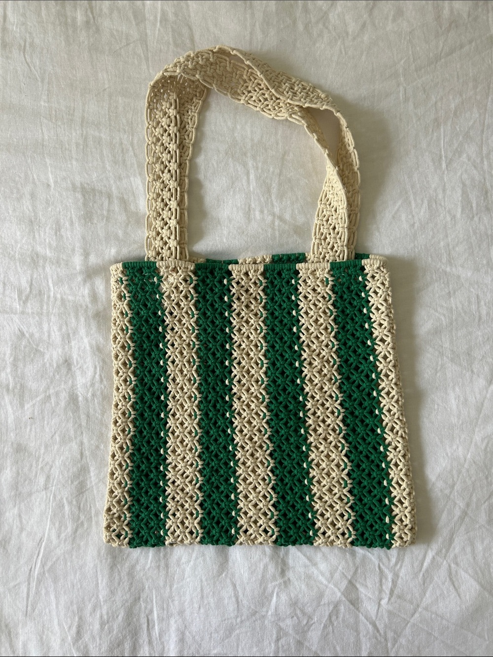Rhythm Cream and Green Striped Crochet Tote